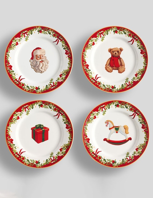 Set de plato para postre navideño Nostalgic Christmas de cerámica 4 piezas