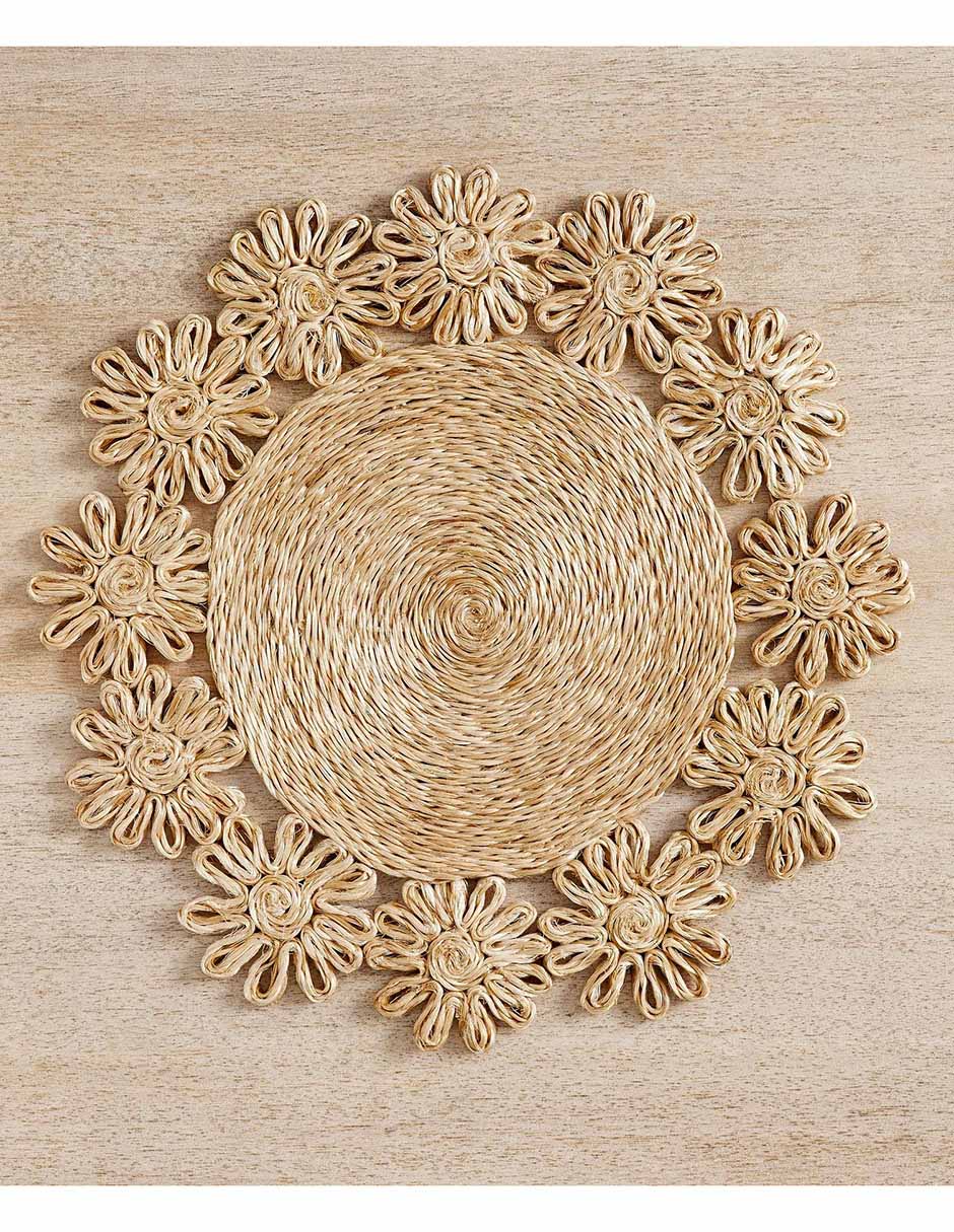 Mantel individual redondo de fibras naturales Flower